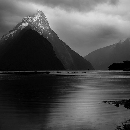Mitre Peak black and white - Milford Sound, Fiordland National Park, South Island